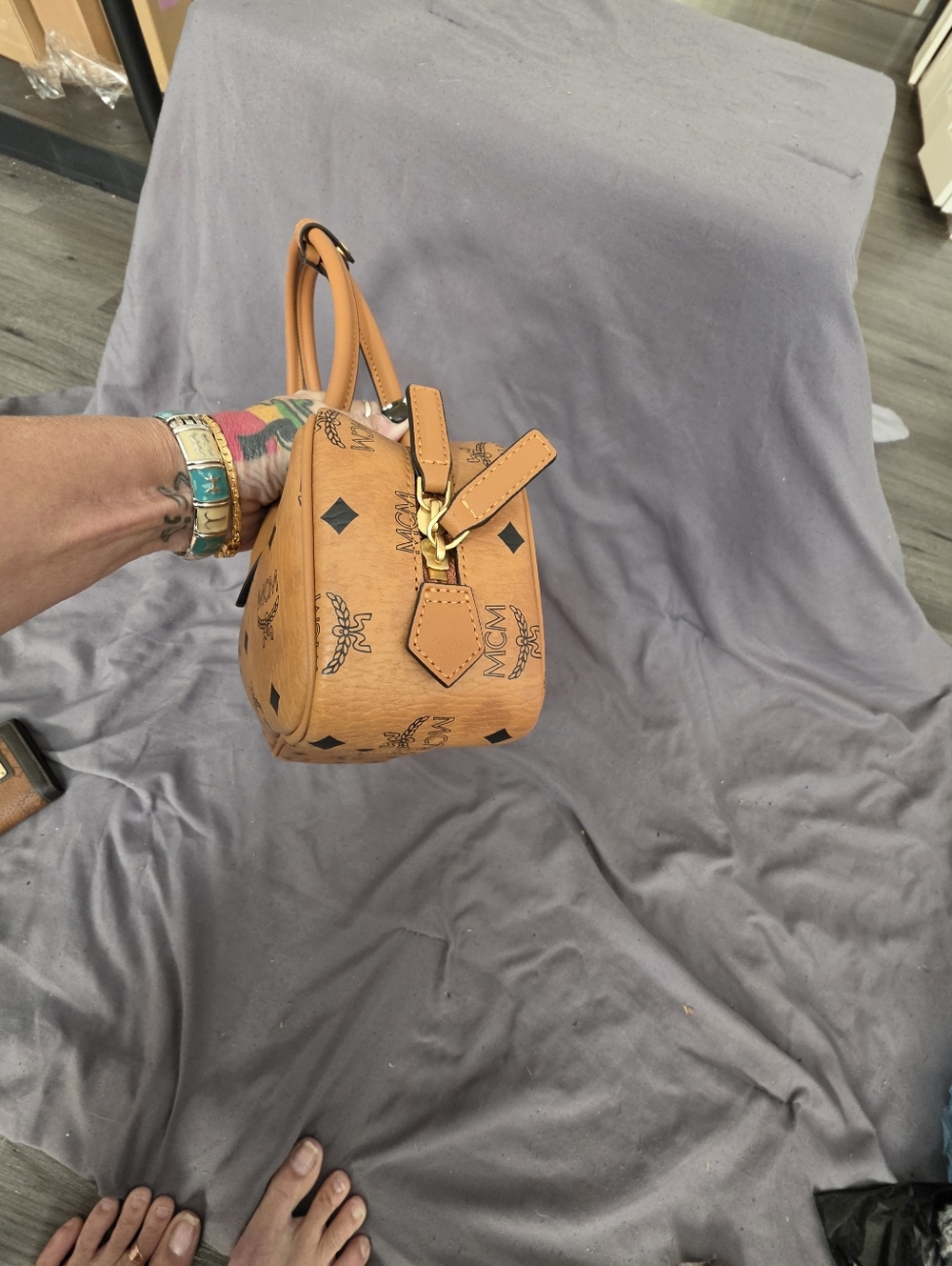 NWOT AUTHENTIC International MCM Cognac Logo Visetos Barrel Shoulder Bag - Picture 6 of 12